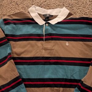 Volcom Polo Shirt Blue and Tan Classic Stripes